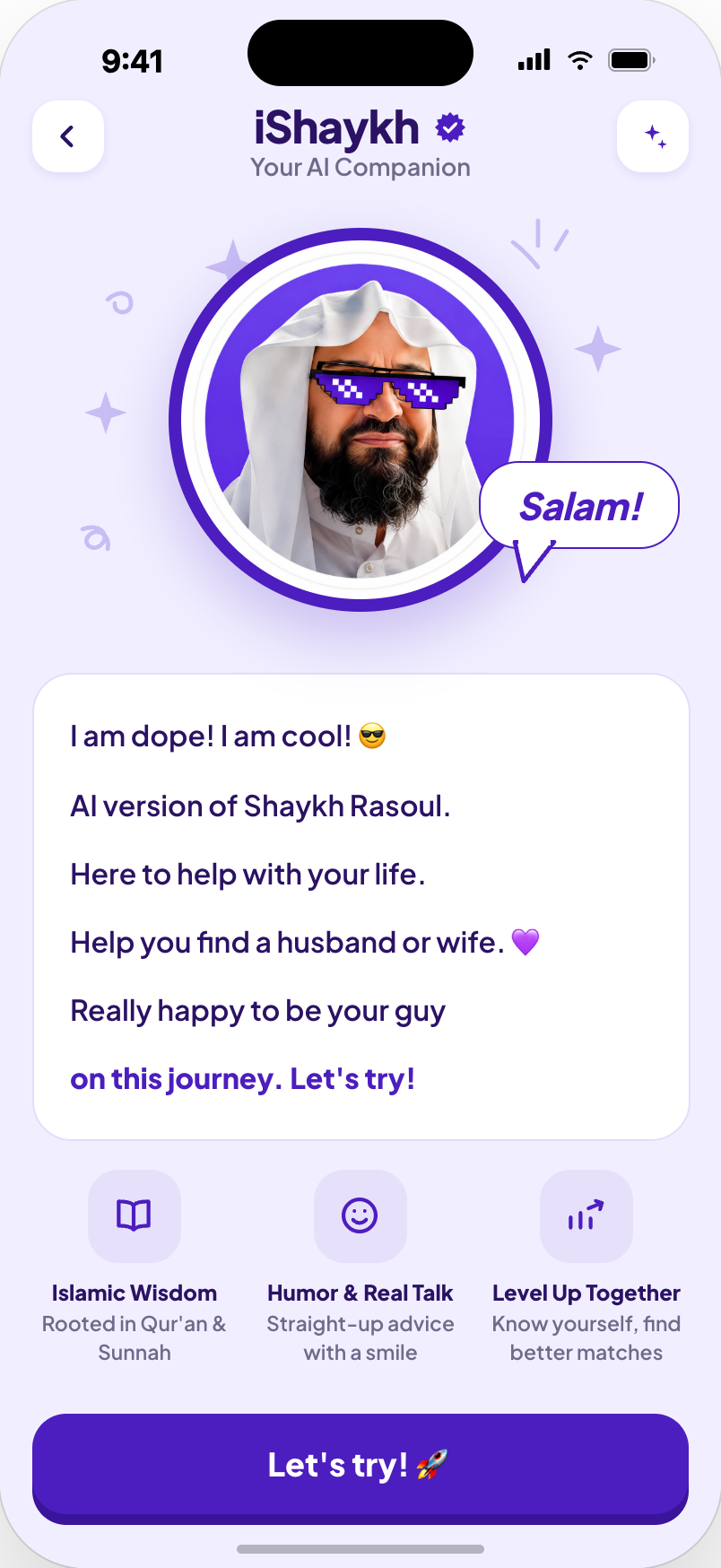 iShaykh, the AI companion in Nikah.App, introducing itself