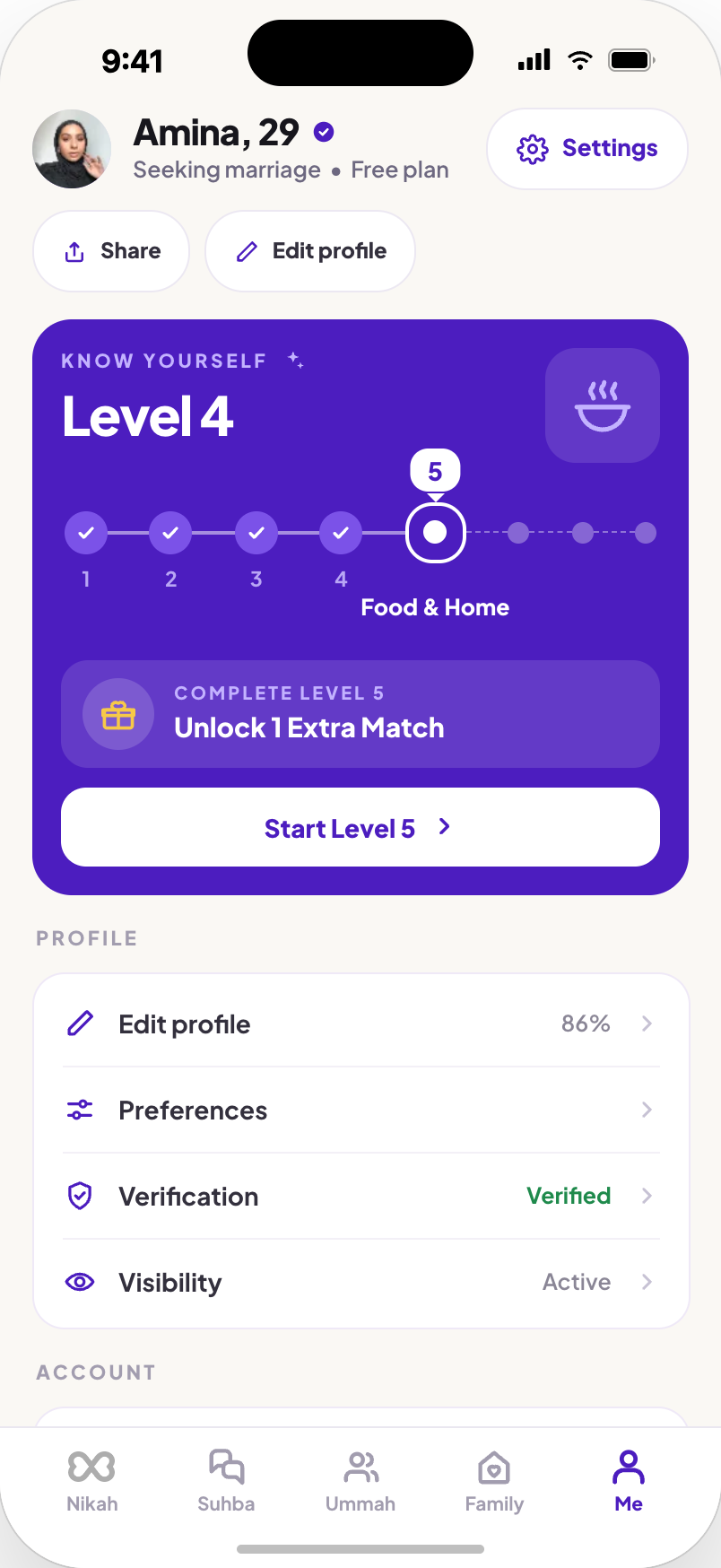 A Nikah.App profile showing Know Yourself progress, verification and visibility settings